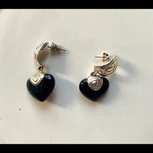 Sterling silver & black onyx dangling heart earrings